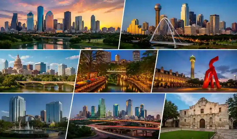 Major Texas cities including Houston, Dallas, Austin, San Antonio, and Fort Worth showcased in a panoramic skyline collage.